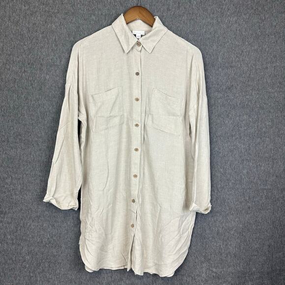 Purejill Linen Blend Oatmeal Tan Shirt Dress Oversized Sz S Lagenlook Coastal - Picture 1 of 10